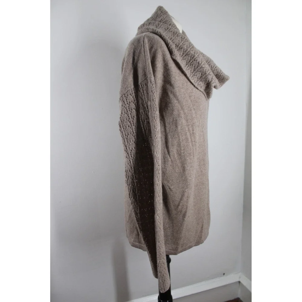Garnet Hill L Taupe Brown Cashmere Cowl Neck Sweater Pointelle Knit 41698 - Picture 3 of 10